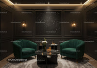 Elegant dark lounge with green velvet armchairs