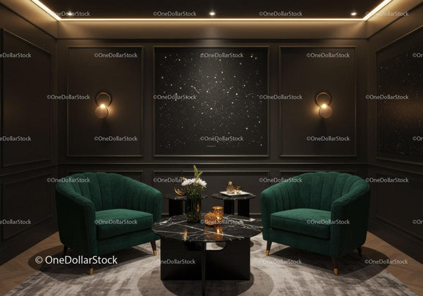 Elegant dark lounge with green velvet armchairs