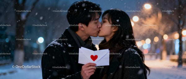 Couple sharing a tender kiss with love letter in winter