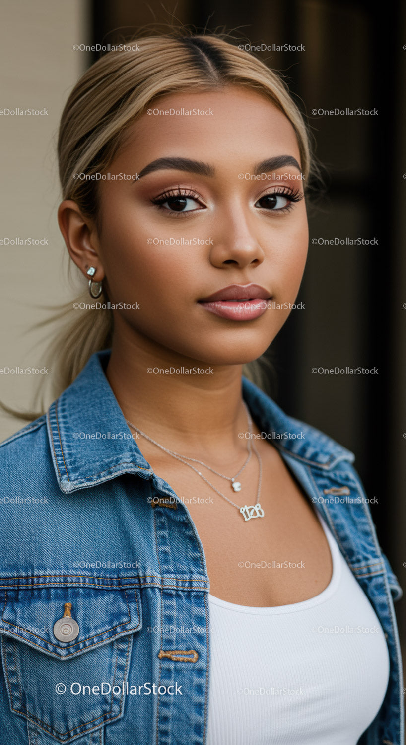 Young woman in denim jacket with natural makeup