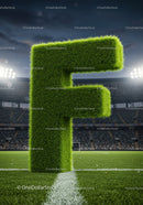 Grass Covered Letter F on Football Field at Night