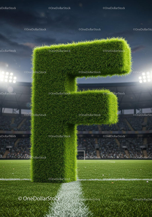 Grass Covered Letter F on Football Field at Night