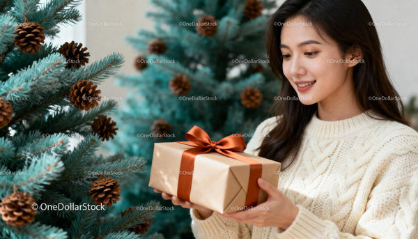 Young woman holding a wrapped gift by Christmas tree