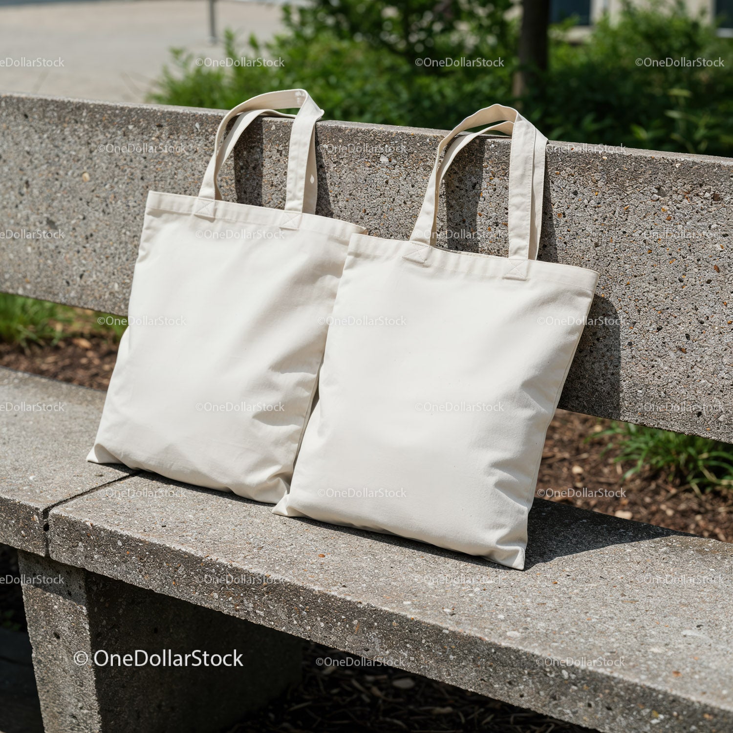 Two Plain Canvas Tote Bags on Concrete Bench Outdoors