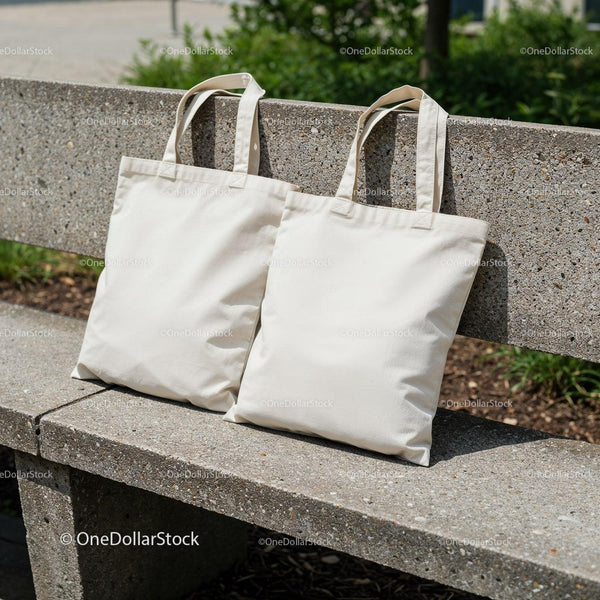 Two Plain Canvas Tote Bags on Concrete Bench Outdoors JPG Mockup Image