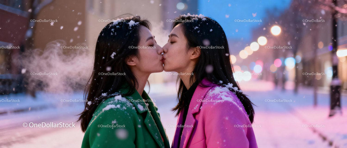 Couple sharing a tender kiss in snowy winter evening
