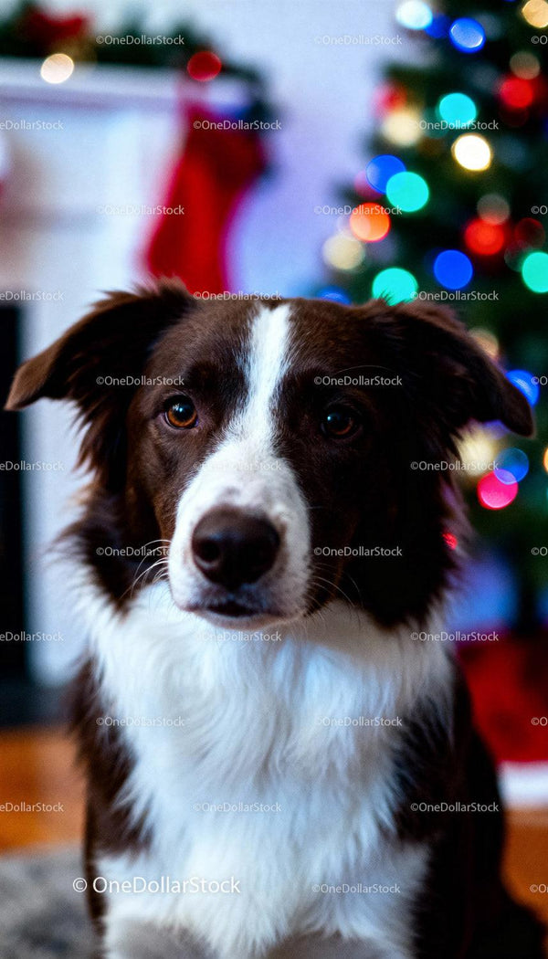 Brązowo-biały Border Collie przy świątecznej choince