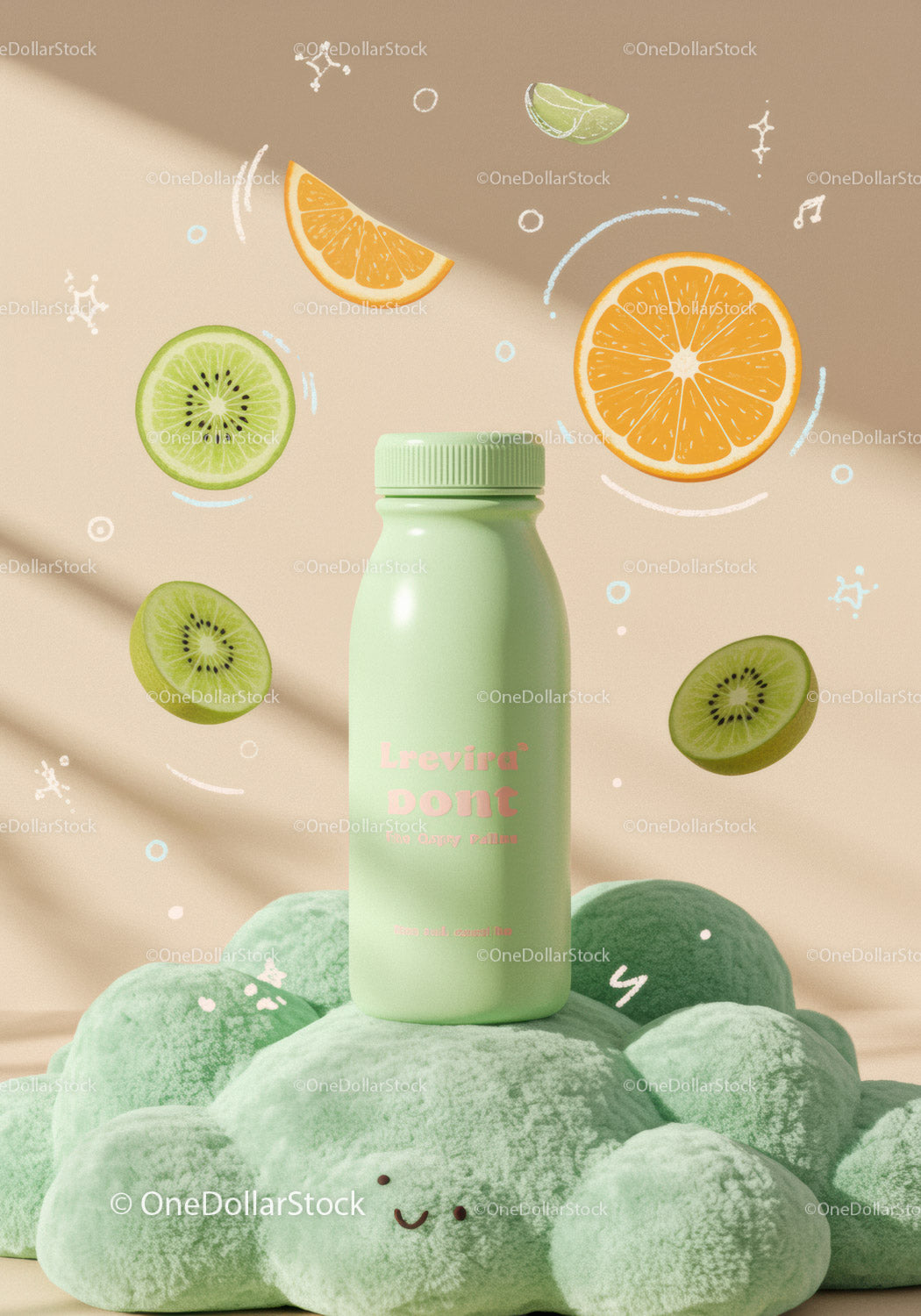 Green bottle on soft textured surface with floating fruits