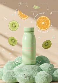 Green bottle on soft textured surface with floating fruits