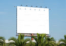 Large blank billboard above green palm trees under clear sky
