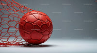 Red Soccer Ball with Protective Net on Gray Surface