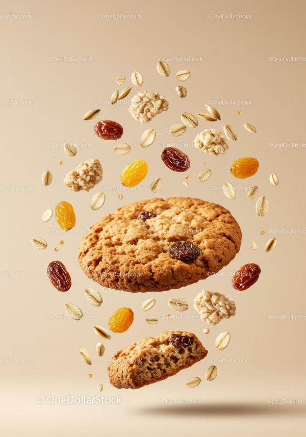 Oatmeal raisin cookies with scattered dried fruits and nuts