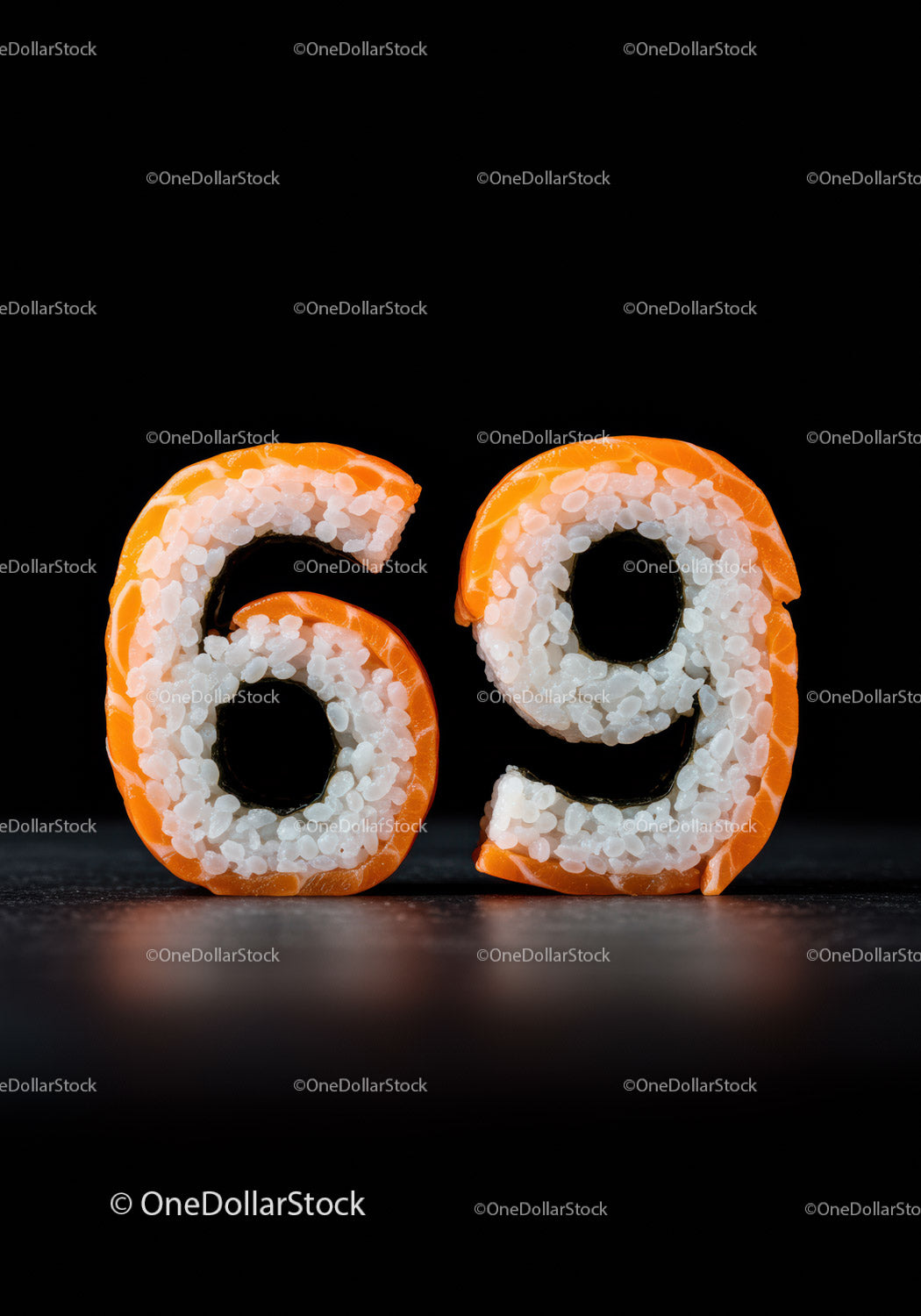 Kreatywne rolki sushi w kształcie liczby 69 na czarnym tle