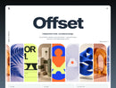 Offset homepage preview featuring a spacious white canvas, blue-gray typography, monospaced labels and graphic project artwork.