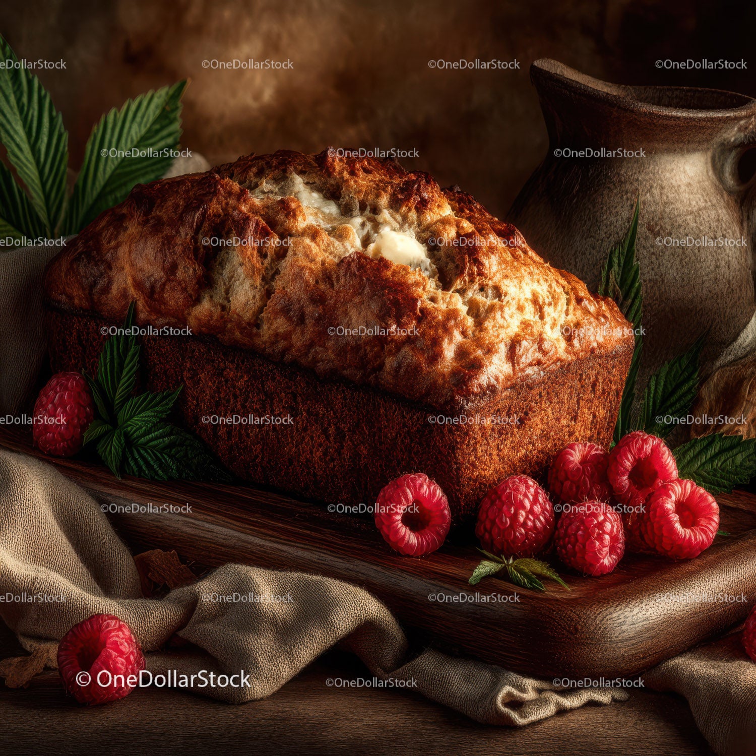 Delicious Fruitcake with Raspberries on Rustic Wooden Table