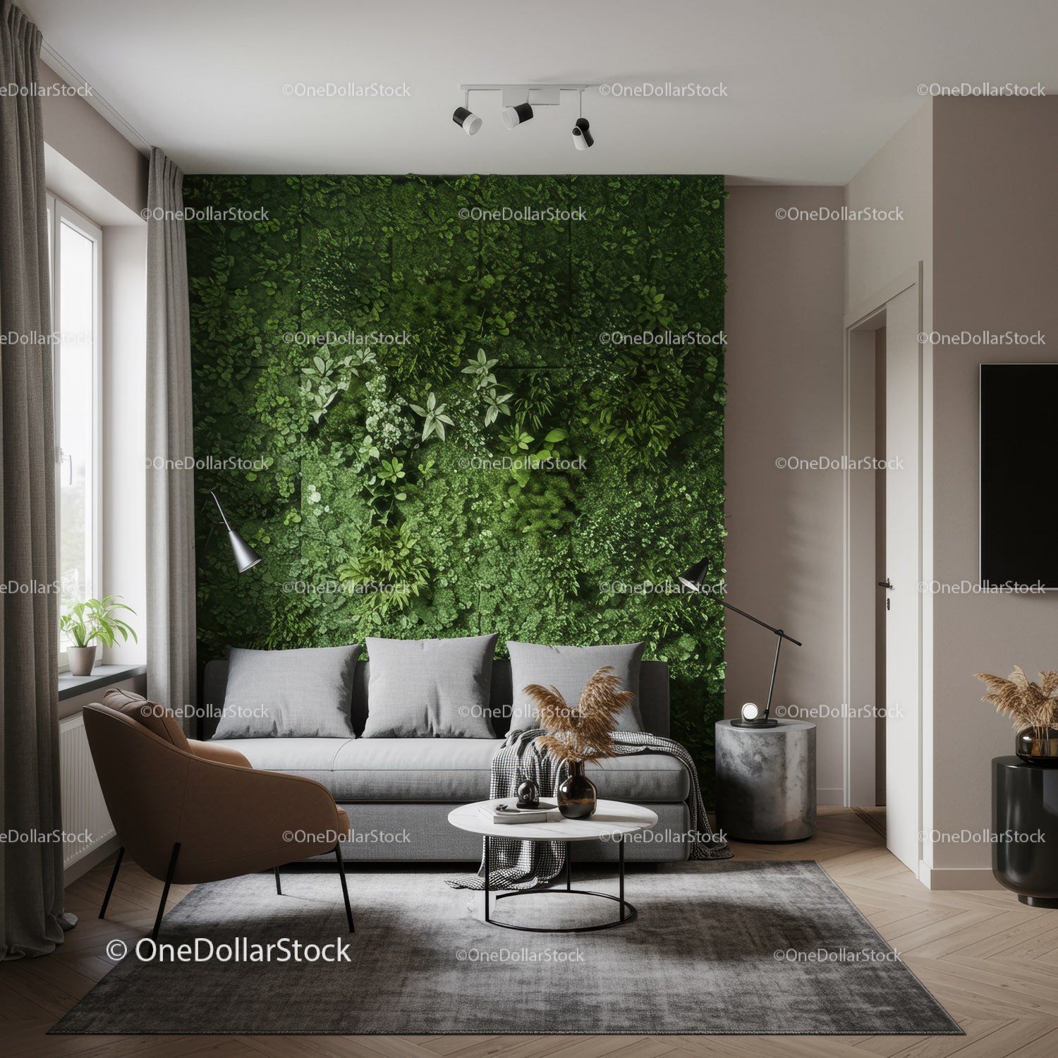 Modern Living Room with Lush Green Moss Accent Wall and Cozy Sofa