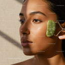 Young Woman Using Jade Roller for Skin Care Facial Massage