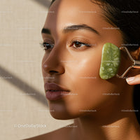Young Woman Using Jade Roller for Skin Care Facial Massage