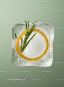 Ice cube with lemon slice and rosemary sprig