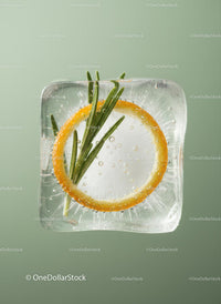 Ice cube with lemon slice and rosemary sprig