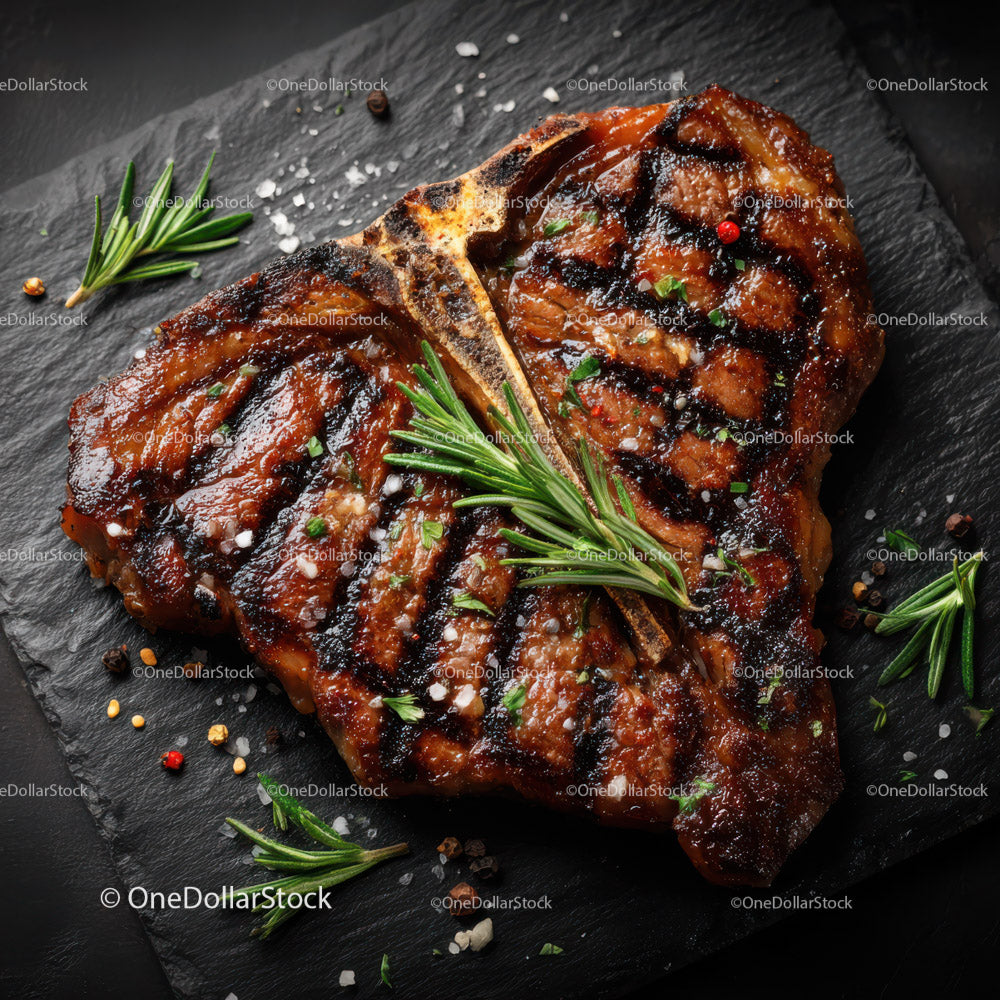 Juicy Grilled Pork Chop with Rosemary and Seasoning on Slate