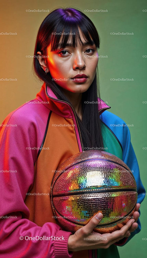 Vibrant Woman in Colorful Jacket Holding Mirror Ball in Studio