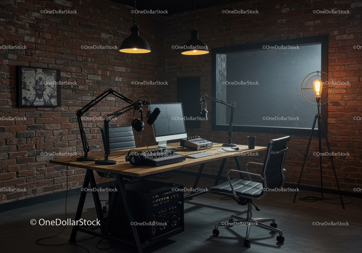 Modern Podcast Recording Studio with Equipment and Brick Wall