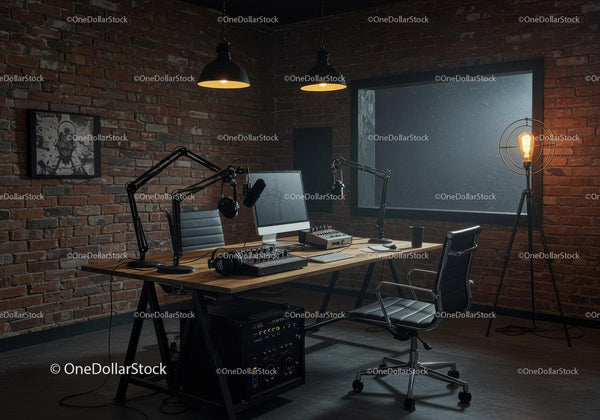 Nowoczesne Studio Nagrywania Podcastów z Wyposażeniem i Ceglaną Ścianą