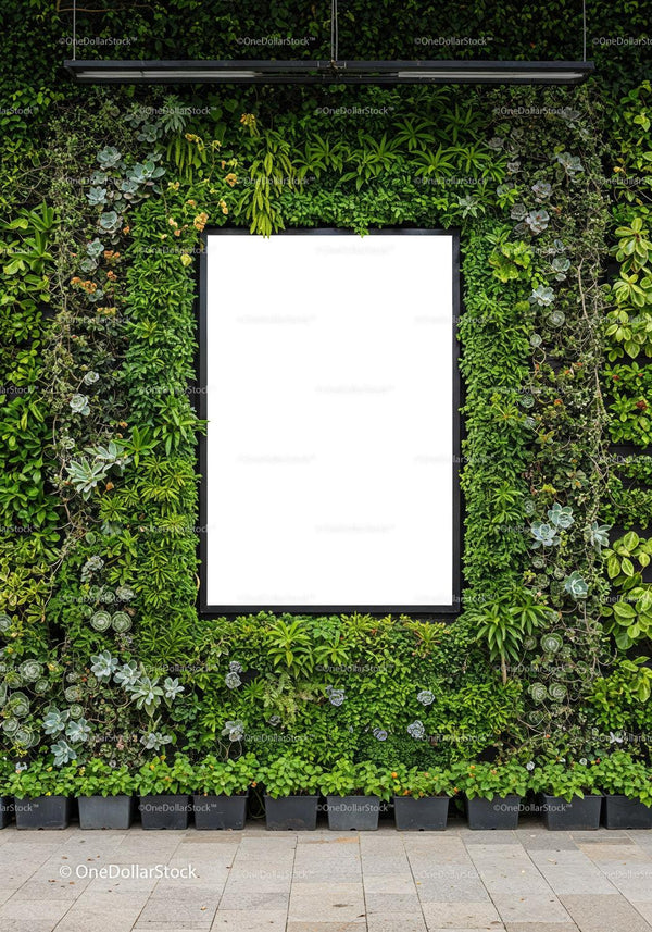 Urban vertical garden with empty white frame in city space JPG Mockup Image