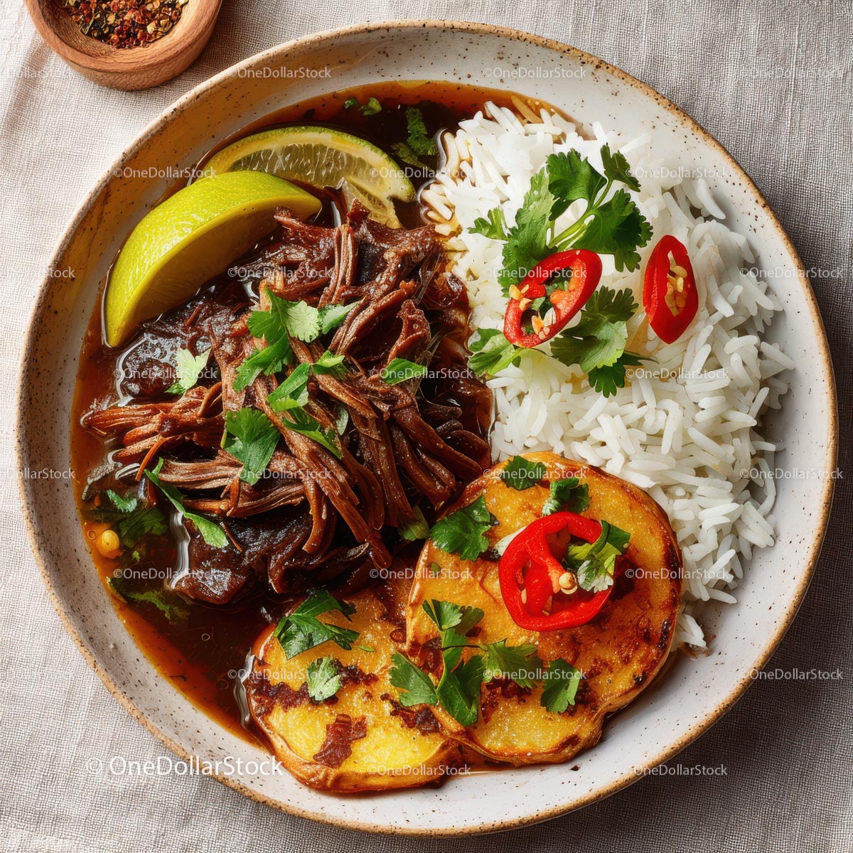 Vibrant Pulled Meat and Rice Bowl with Fresh Herbs and Chili