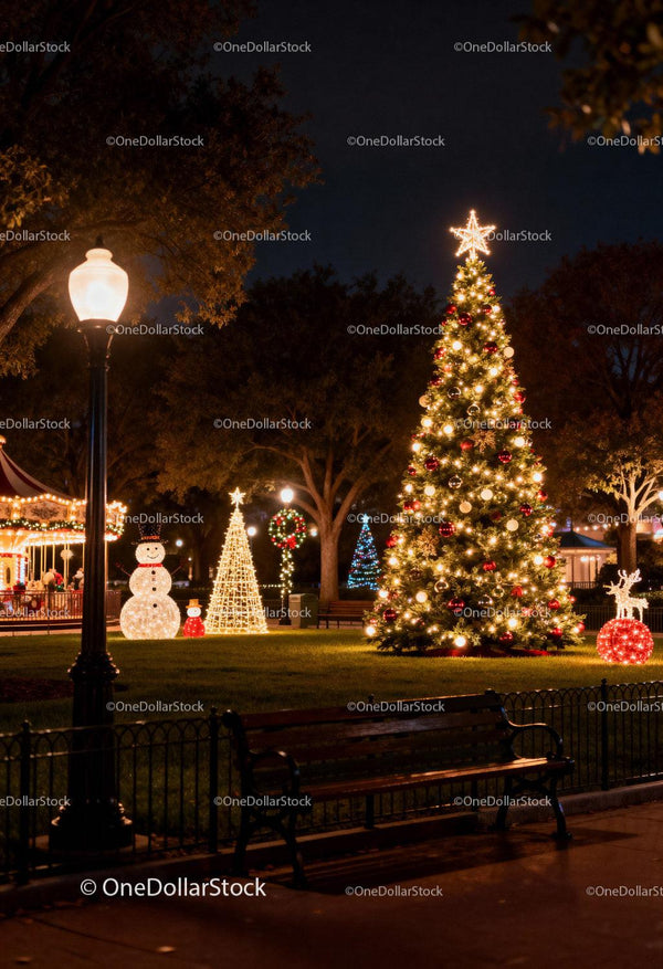Festive Christmas tree and decorations in city park at night