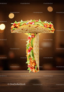 Taco shaped like letter T with fresh ingredients