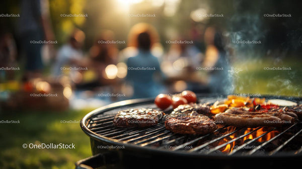 Grill na świeżym powietrzu z syczącymi stekami i płomieniami