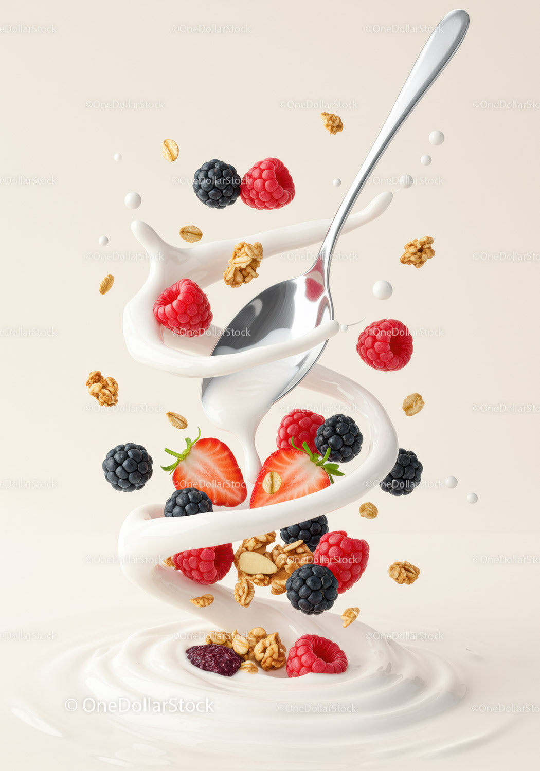 Fresh Berries and Granola Swirling in Cream with Spoon
