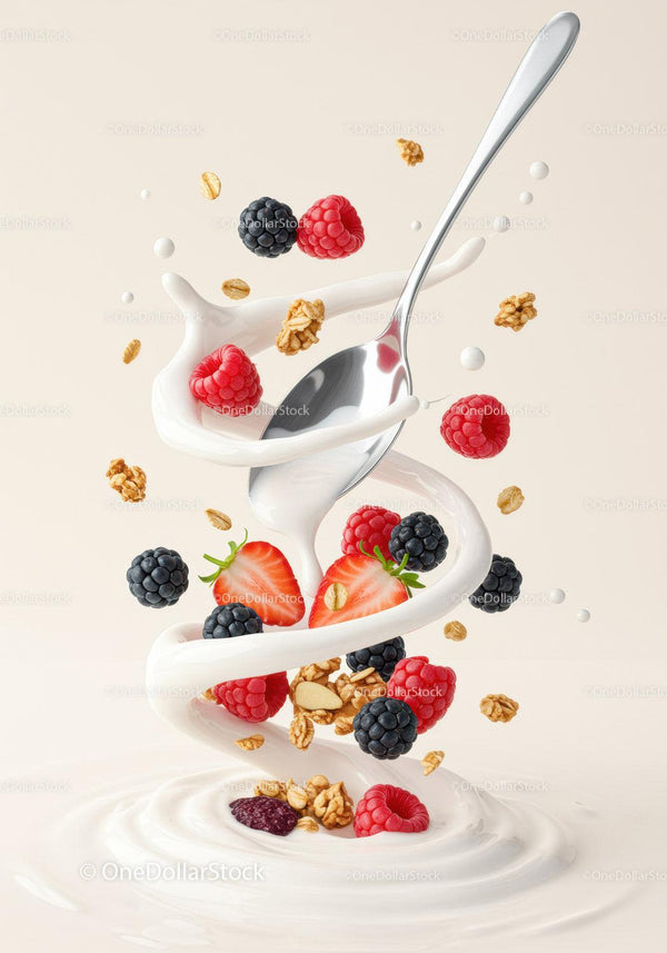 Fresh Berries and Granola Swirling in Cream with Spoon