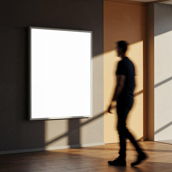 Man walking past illuminated blank wall poster in gallery JPG Mockup Image