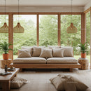Cozy modern living room with large wooden windows