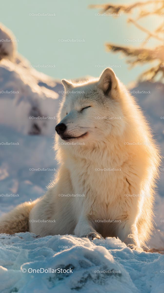 Majestic Arctic Wolf Relaxing in a Snowy Landscape