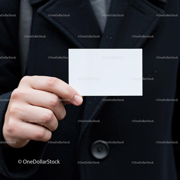 Hand holding blank white business card on black coat JPG Mockup Image