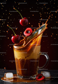 Fresh cherries splashing into iced coffee glass