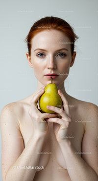 Freckled Redhead Woman with Pear in Hand Studio Portrait