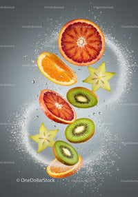 Fresh tropical fruit slices splashing in sparkling water