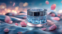 Elegant Glass Jar of Skincare with Pink Petals on Soft Fabric