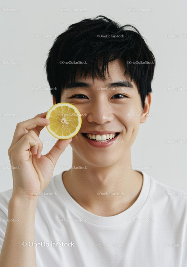 Smiling Young Man Holding Lemon Slice in Bright Casual Portrait