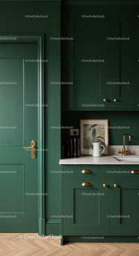 Modern Green Kitchen with Gold Hardware and Marble Countertop