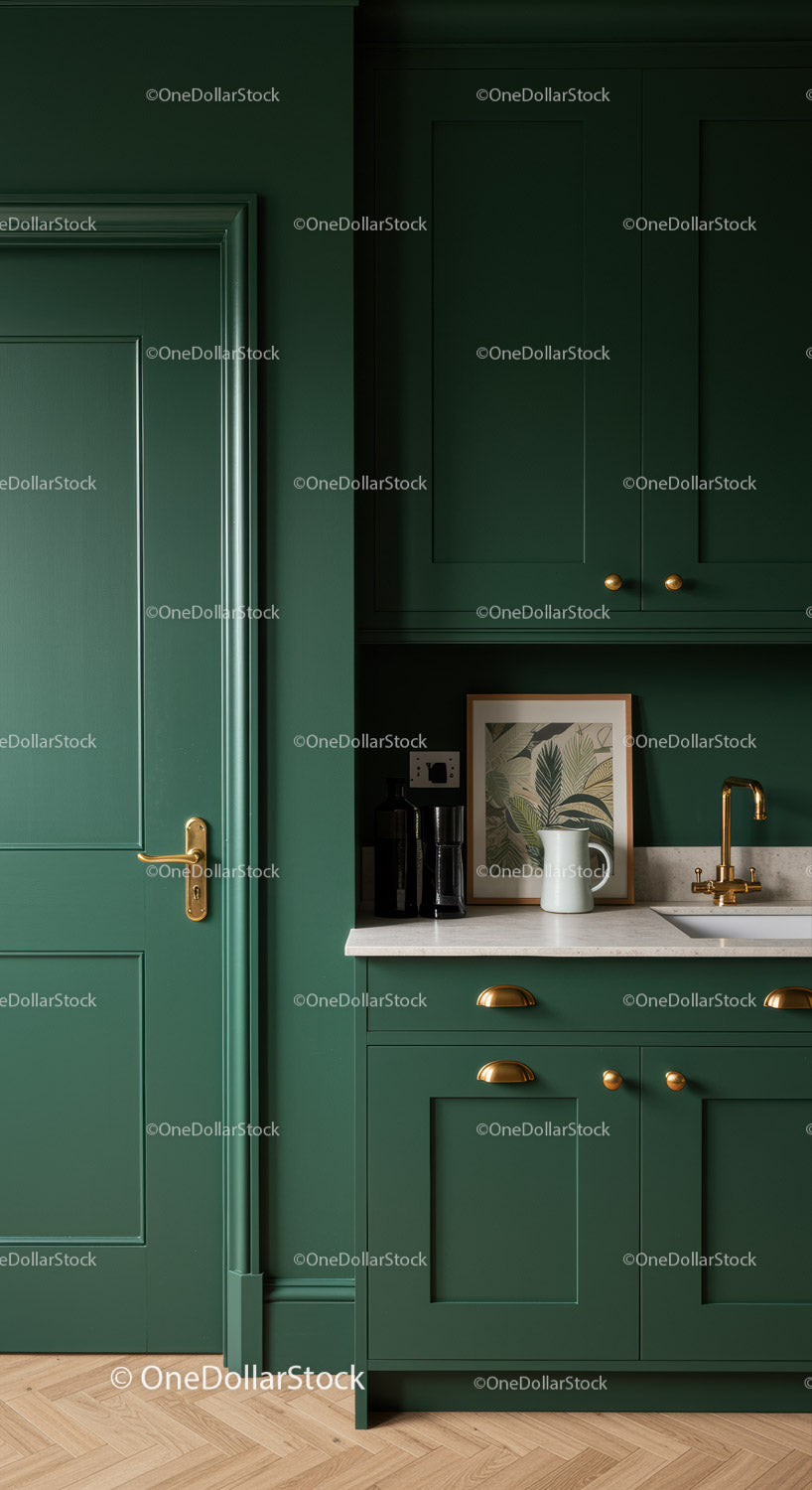 Modern Green Kitchen with Gold Hardware and Marble Countertop