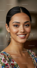 Happy Woman Smiling Portrait With Floral Dress and Hoop Earrings