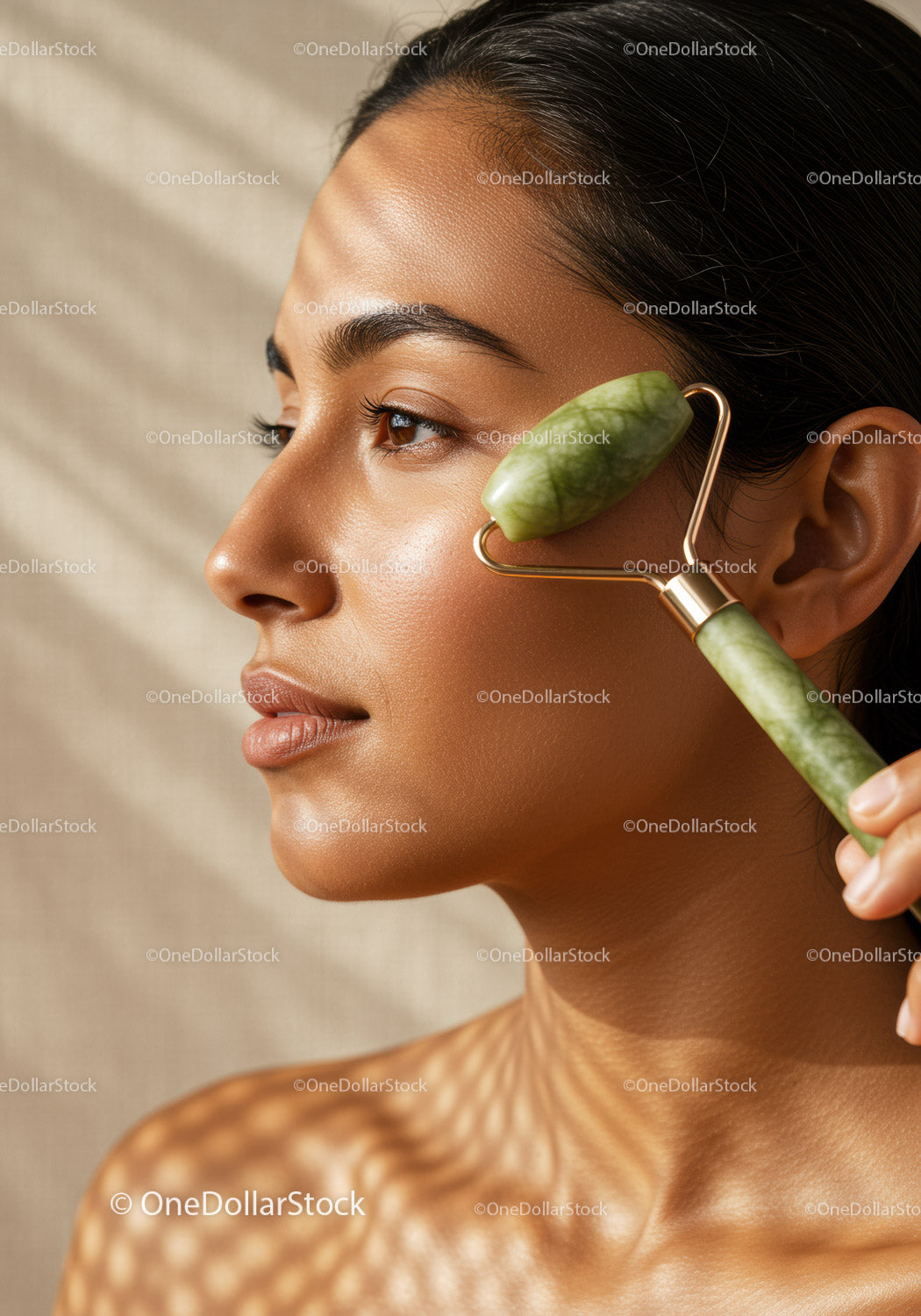 Young Woman Using Jade Roller for Facial Massage Beauty Skincare