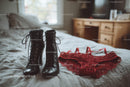 Chic Black Heels and a Red Lace Dress in a Cozy Bedroom Setting