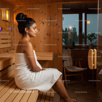 Relaxing Woman Sitting Inside Wooden Sauna Room During Spa Day